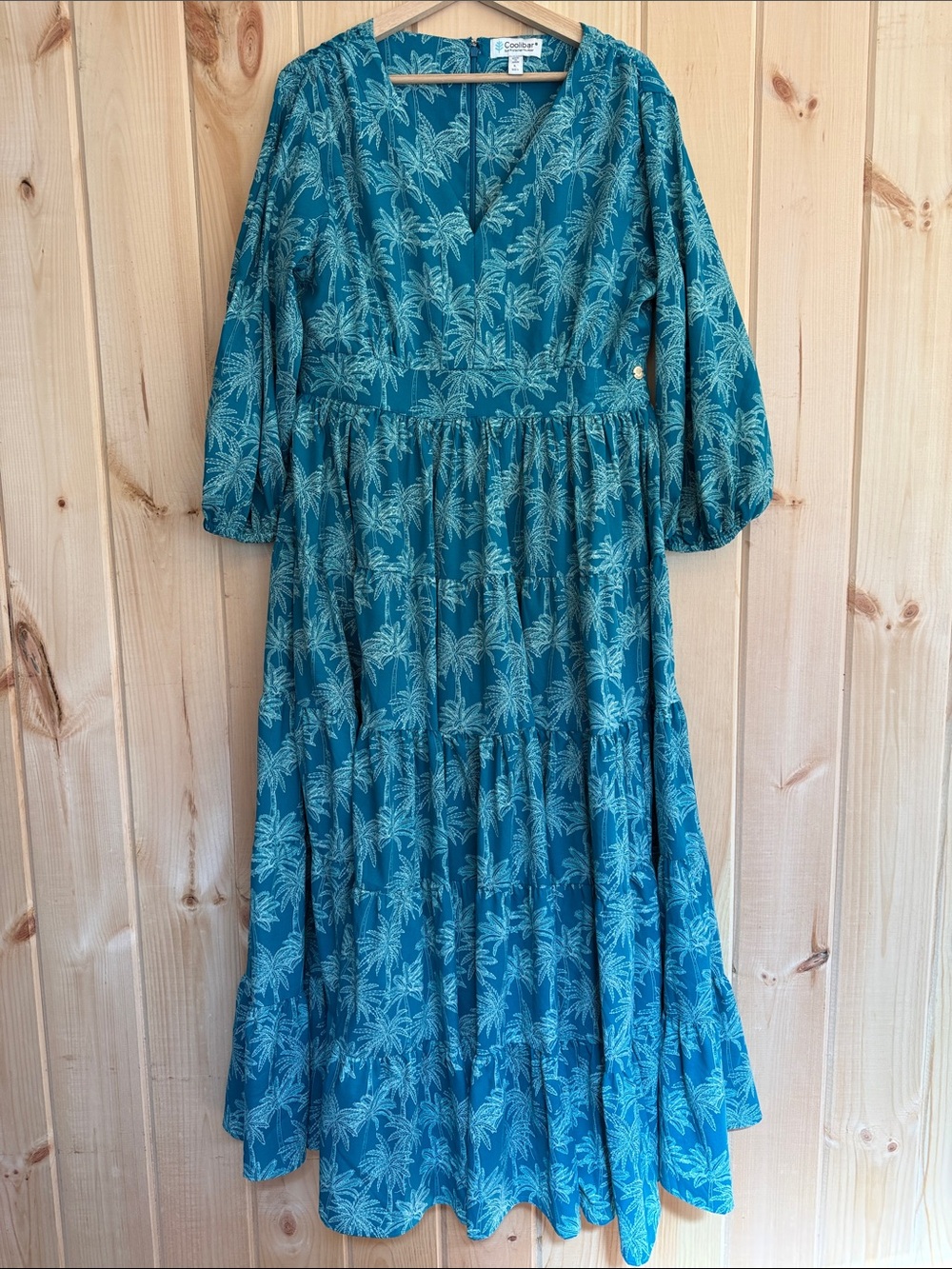 Coolibar UPF Palm Tree Tiered Maxi Dress V-Neck Teal Blue - Size Large